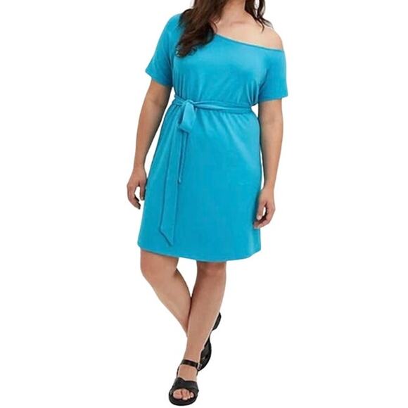 Torrid Off-Shoulder T-Shirt French Terry Acas Teal Callie Dress Women Sz L (12) - Picture 2 of 9